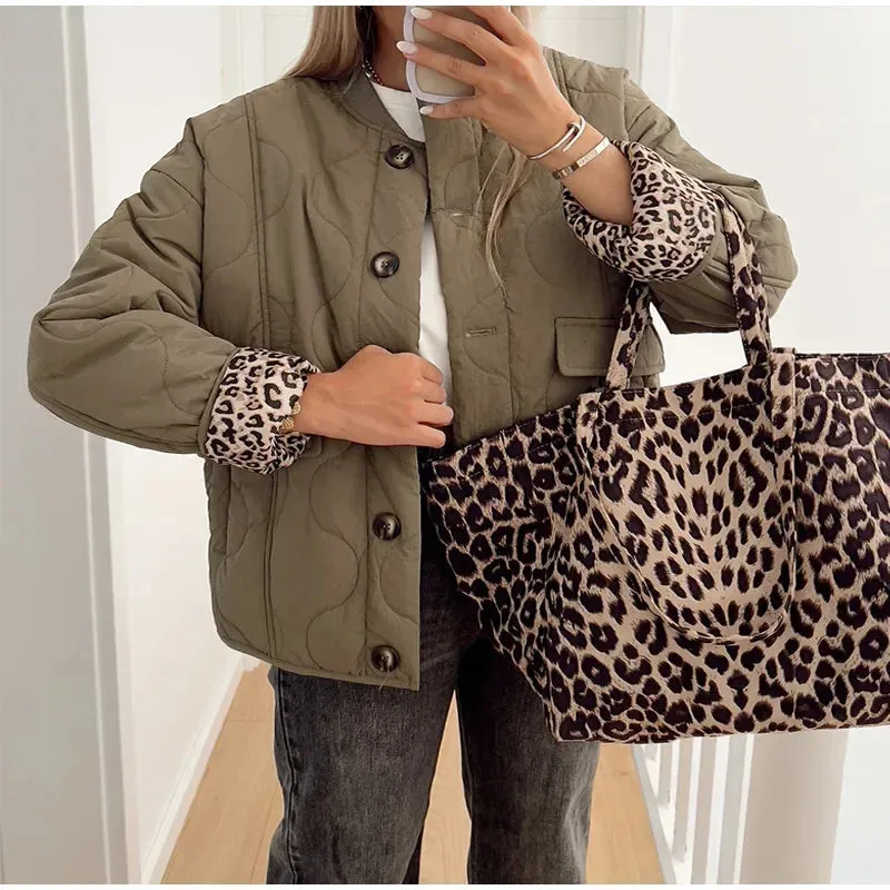 Chic KELCEY Leopard Print Lining Cotton Jacket puffer jacket hottest autumn jacket