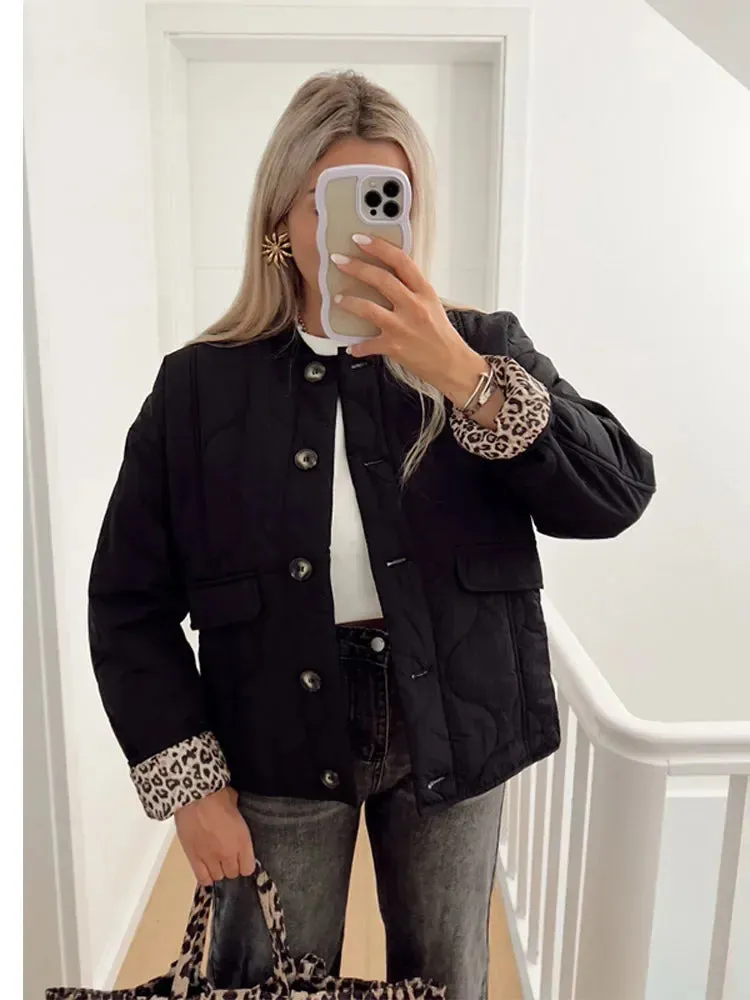 Chic KELCEY Leopard Print Lining Cotton Jacket puffer jacket hottest autumn jacket