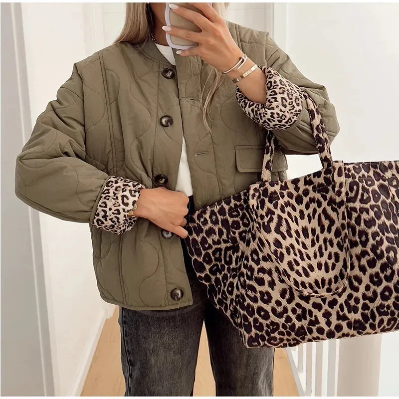 Chic KELCEY Leopard Print Lining Cotton Jacket puffer jacket hottest autumn jacket