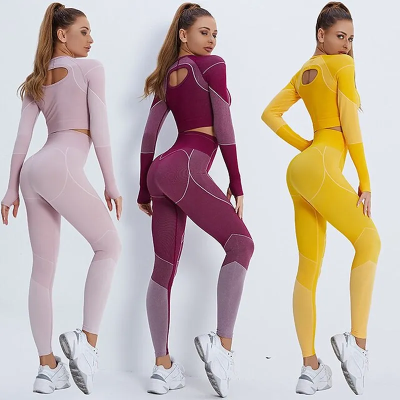 Chic Women's Winter Activewear Set: Cropped Striped Leggings & Top in Vibrant Yellow Pink for Ultimate Comfort & Style