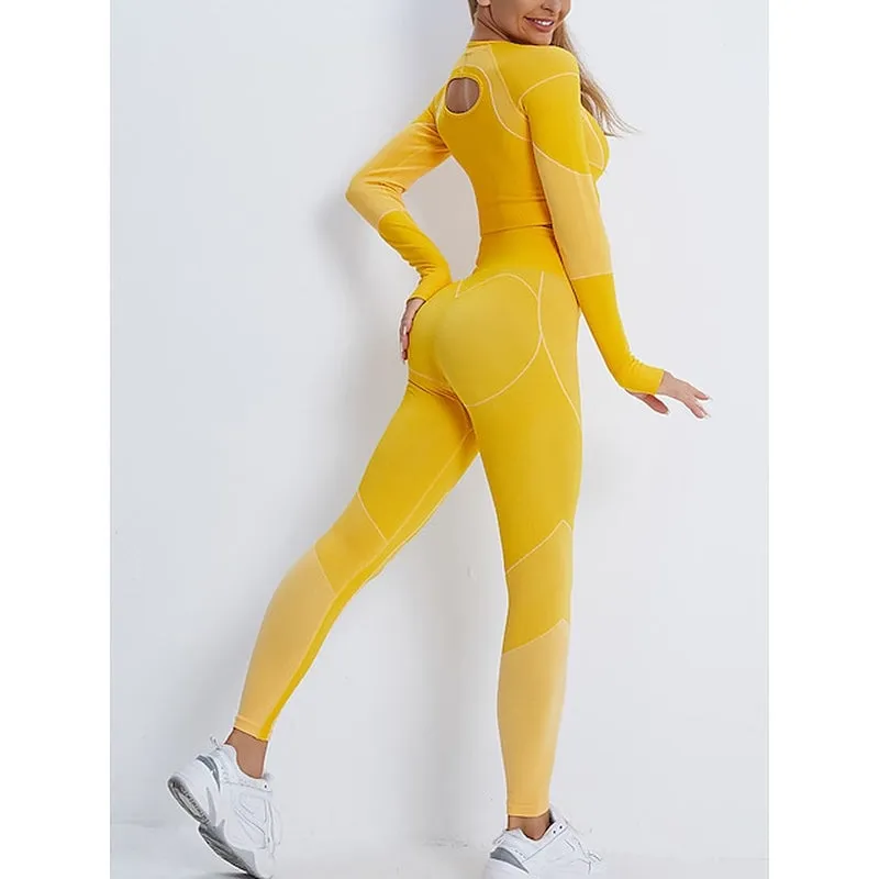 Chic Women's Winter Activewear Set: Cropped Striped Leggings & Top in Vibrant Yellow Pink for Ultimate Comfort & Style