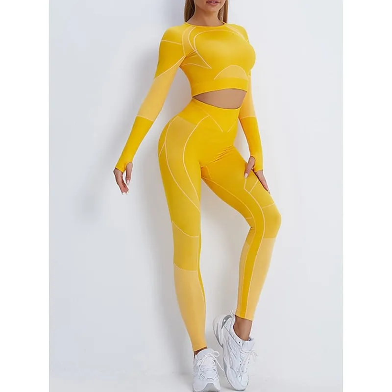 Chic Women's Winter Activewear Set: Cropped Striped Leggings & Top in Vibrant Yellow Pink for Ultimate Comfort & Style