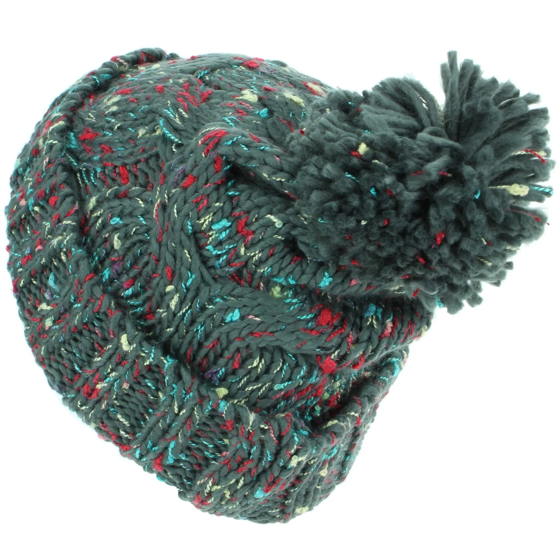 Chunky Knit Colourful Fleck Bobble Beanie Hat - Green