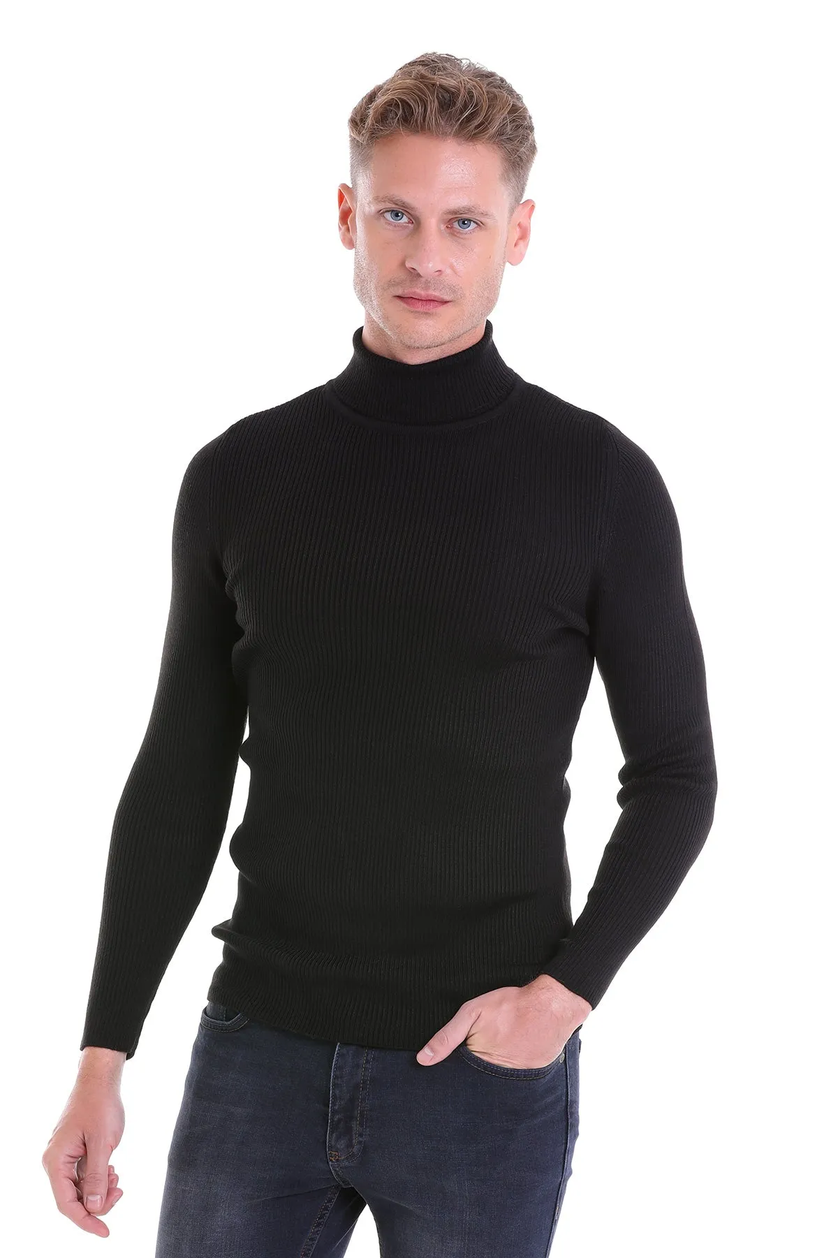 Comfort Fit Wool Blend Black Turtleneck Sweater