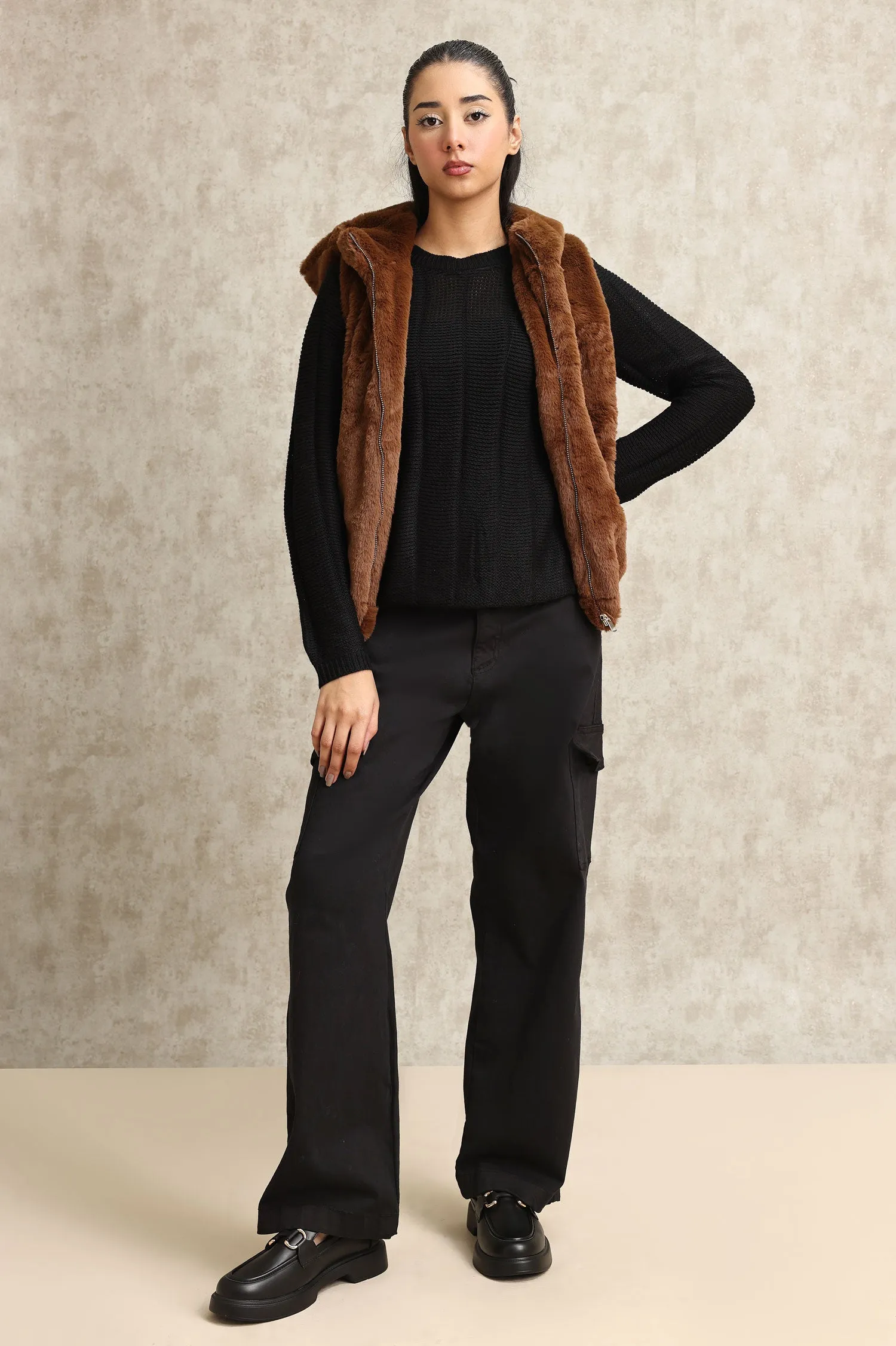 COZY SLEEVELESS FUR JACKET-COFFEE