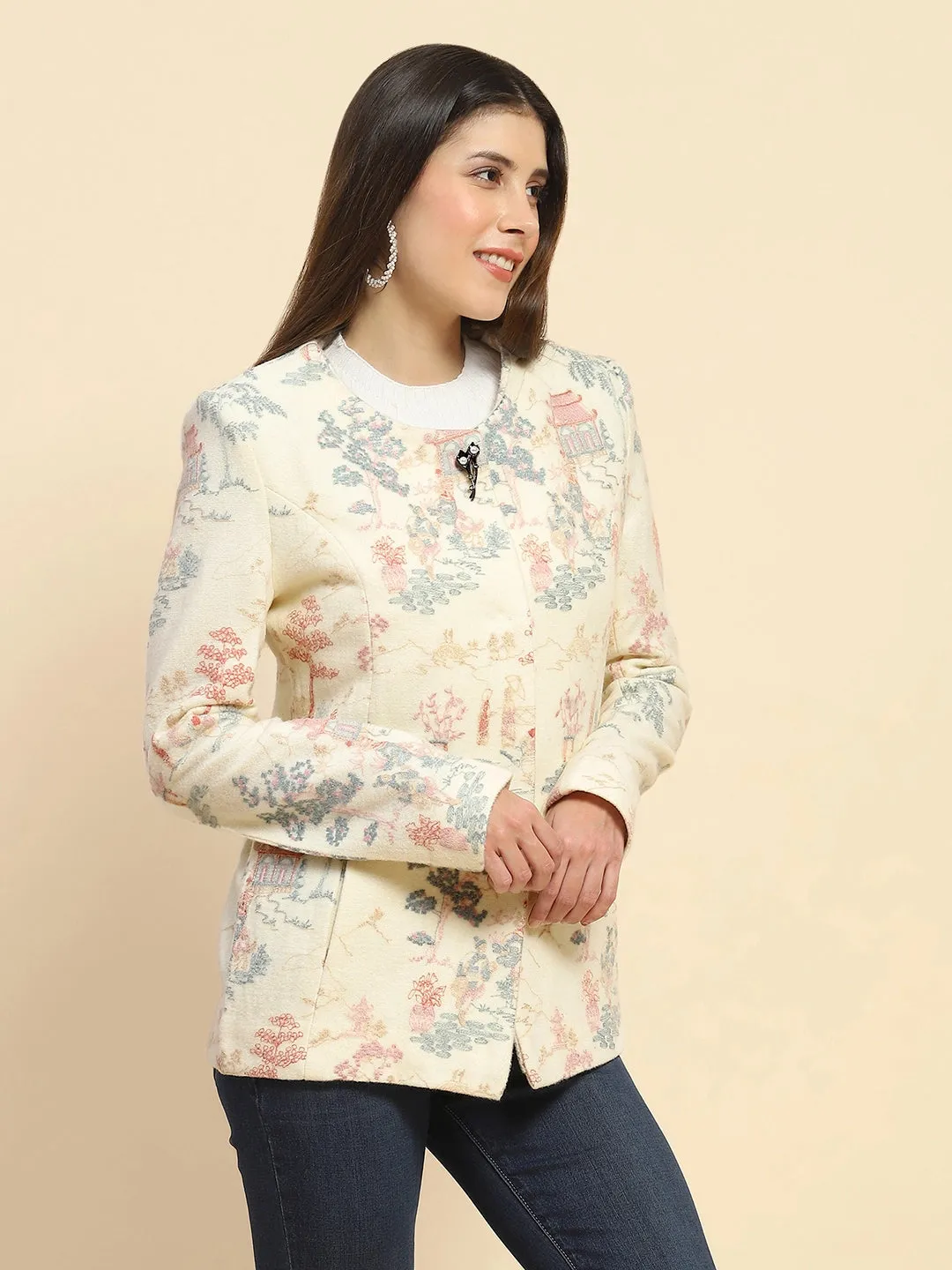 Cream Poly Acrylic Thread Embroidered Regular Fit Coat For Winter