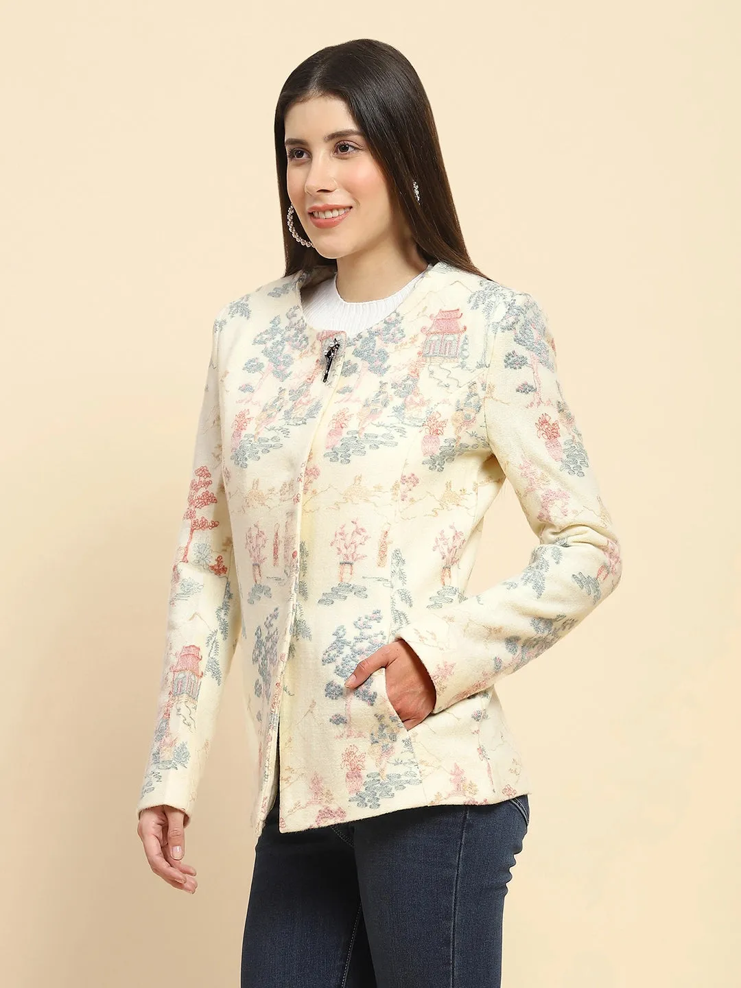 Cream Poly Acrylic Thread Embroidered Regular Fit Coat For Winter