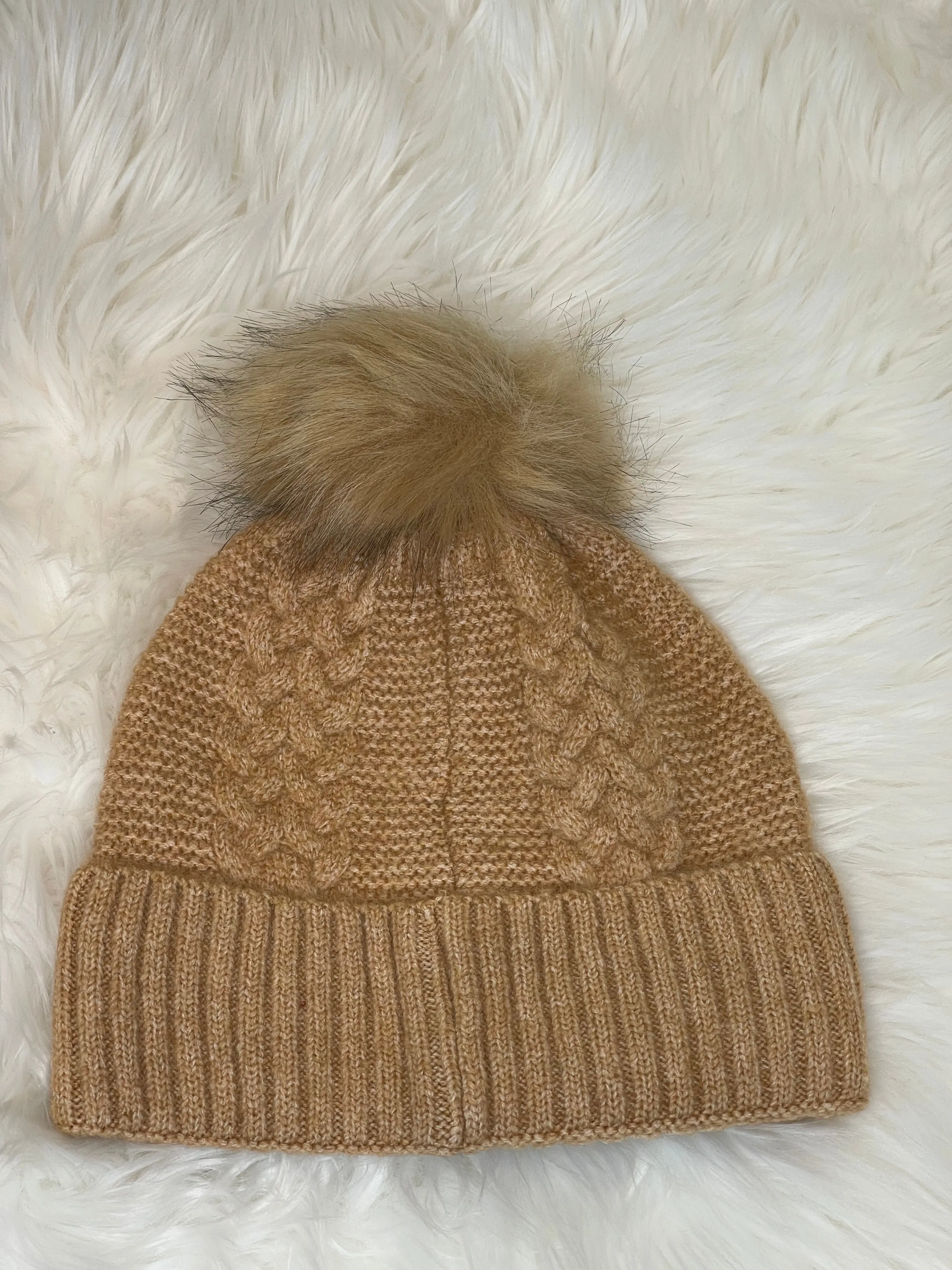 Crochet Knit Pompom Beanie - Camel