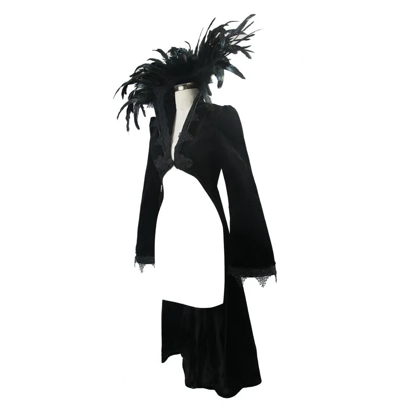 ECT004 Festival short front long back feather stand collar velveteen gothic women black long coat