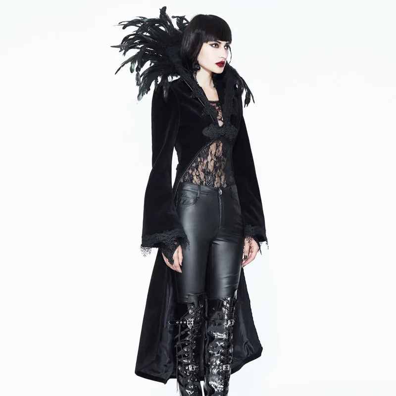 ECT004 Festival short front long back feather stand collar velveteen gothic women black long coat