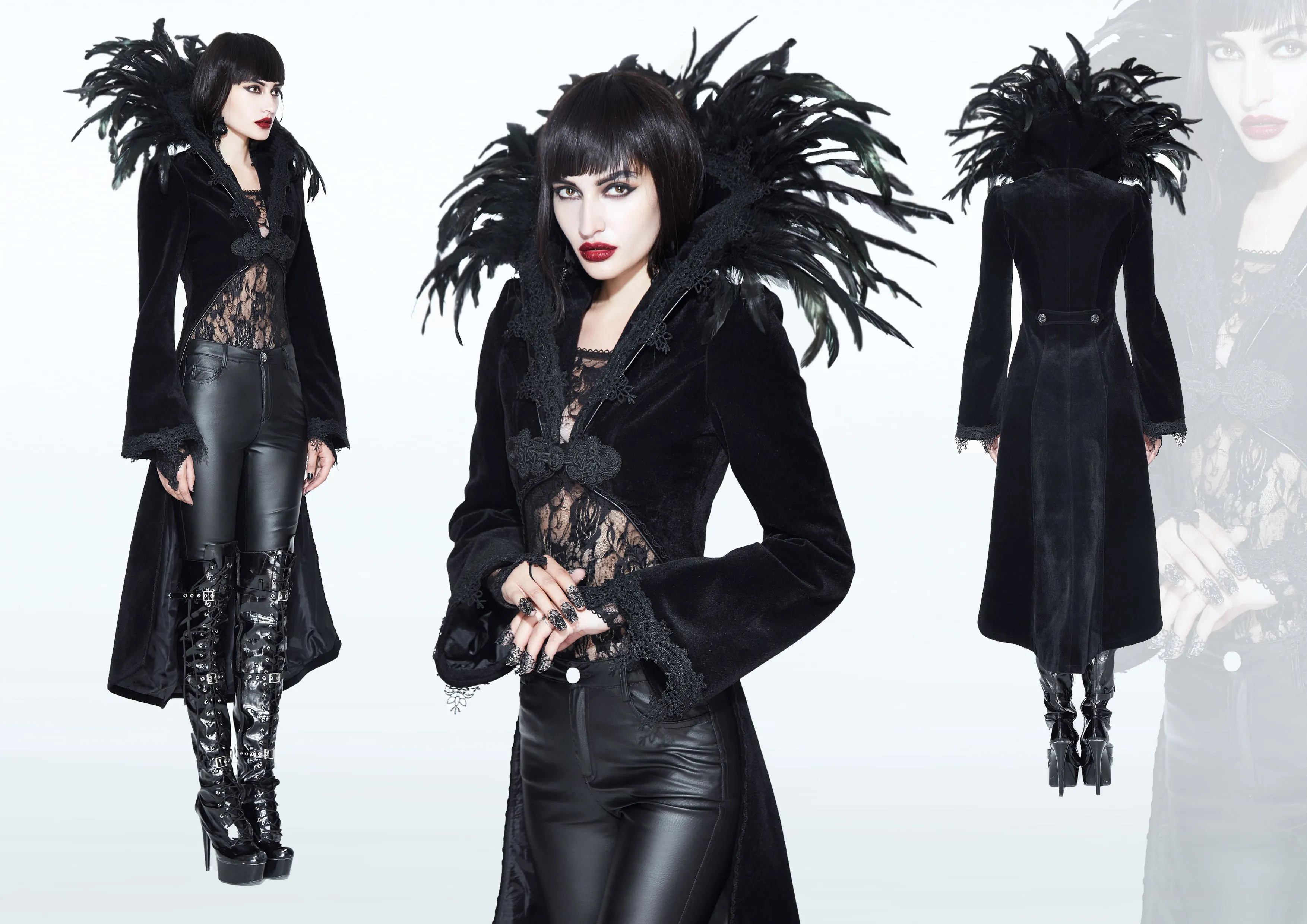 ECT004 Festival short front long back feather stand collar velveteen gothic women black long coat