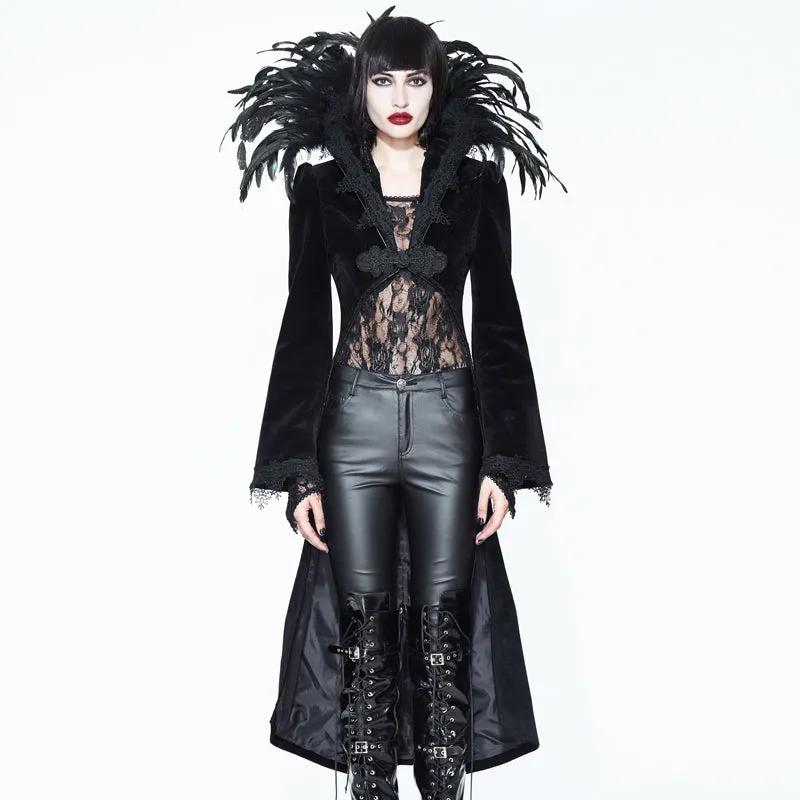 ECT004 Festival short front long back feather stand collar velveteen gothic women black long coat