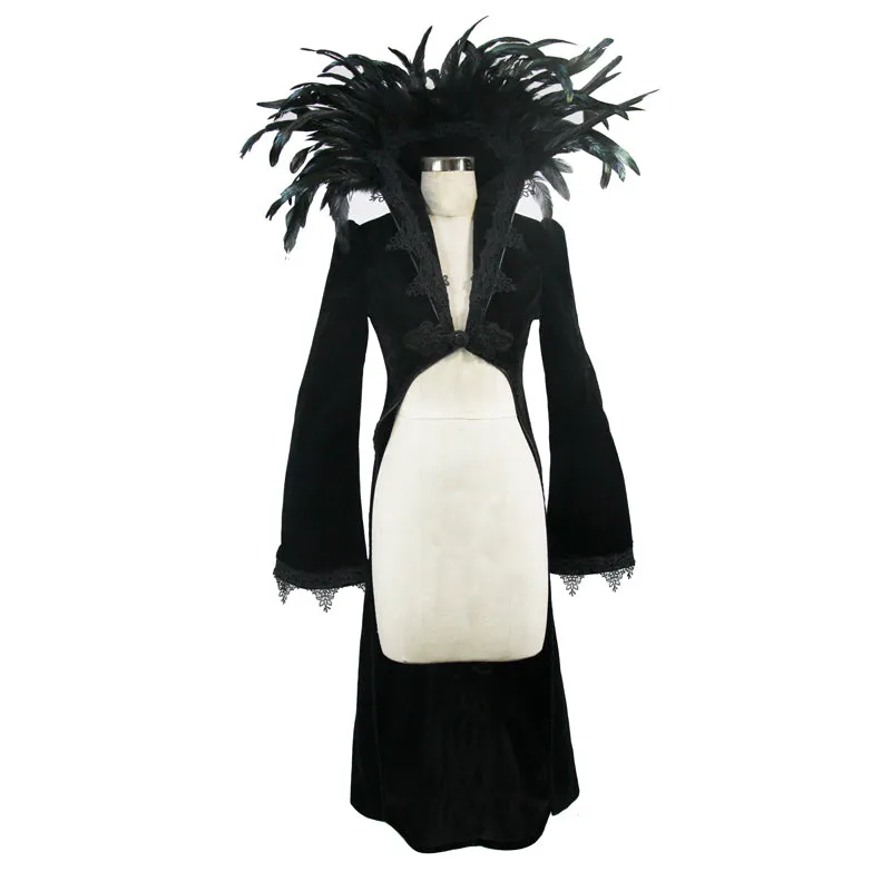 ECT004 Festival short front long back feather stand collar velveteen gothic women black long coat