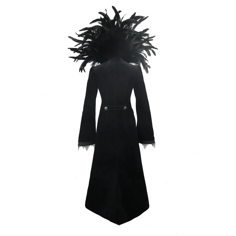 ECT004 Festival short front long back feather stand collar velveteen gothic women black long coat