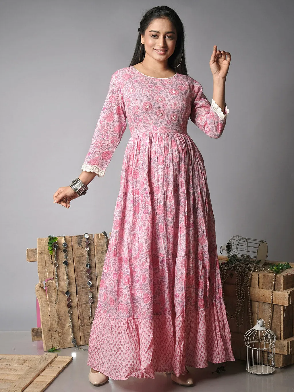 Ekisha's women printed pink cotton maxi dress