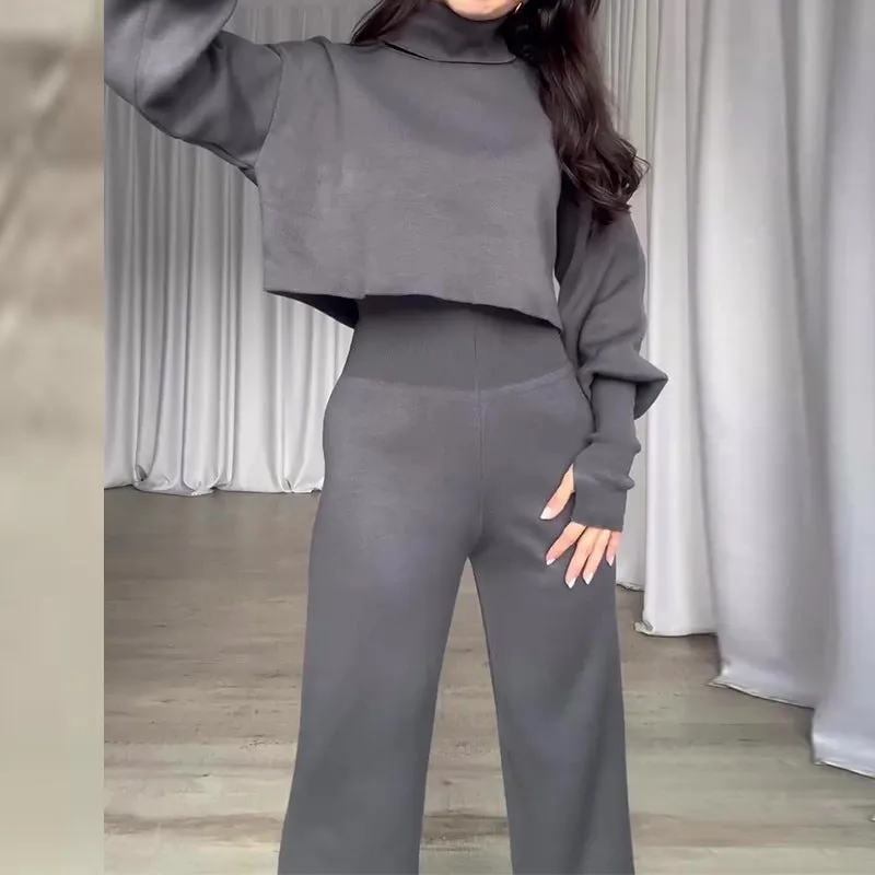 Elegant Gray Turtleneck Suit - Long-sleeved Top and High-waisted Trousers Ensemble