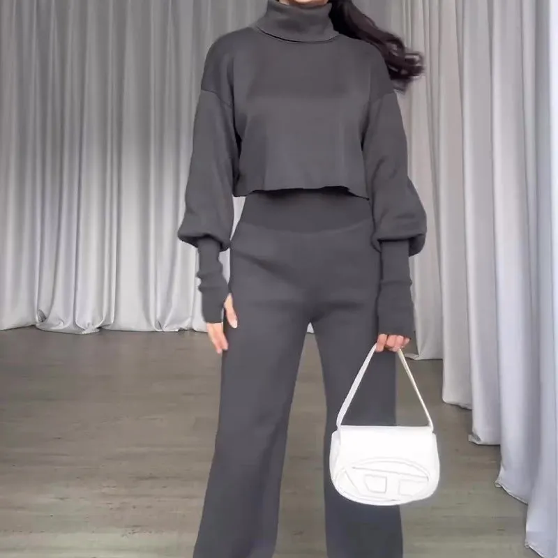 Elegant Gray Turtleneck Suit - Long-sleeved Top and High-waisted Trousers Ensemble