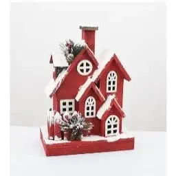 Enchante Festive Frost Red Wooden House Light Up