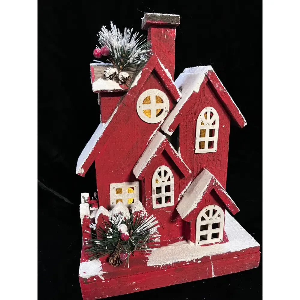 Enchante Festive Frost Red Wooden House Light Up