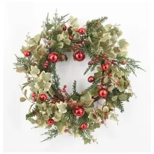 Enchante Shimmering Ivy & Red Bauble Wreath 56cm