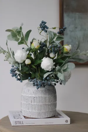 Faux Winter White Peony and Blueberry Floral Arrangement