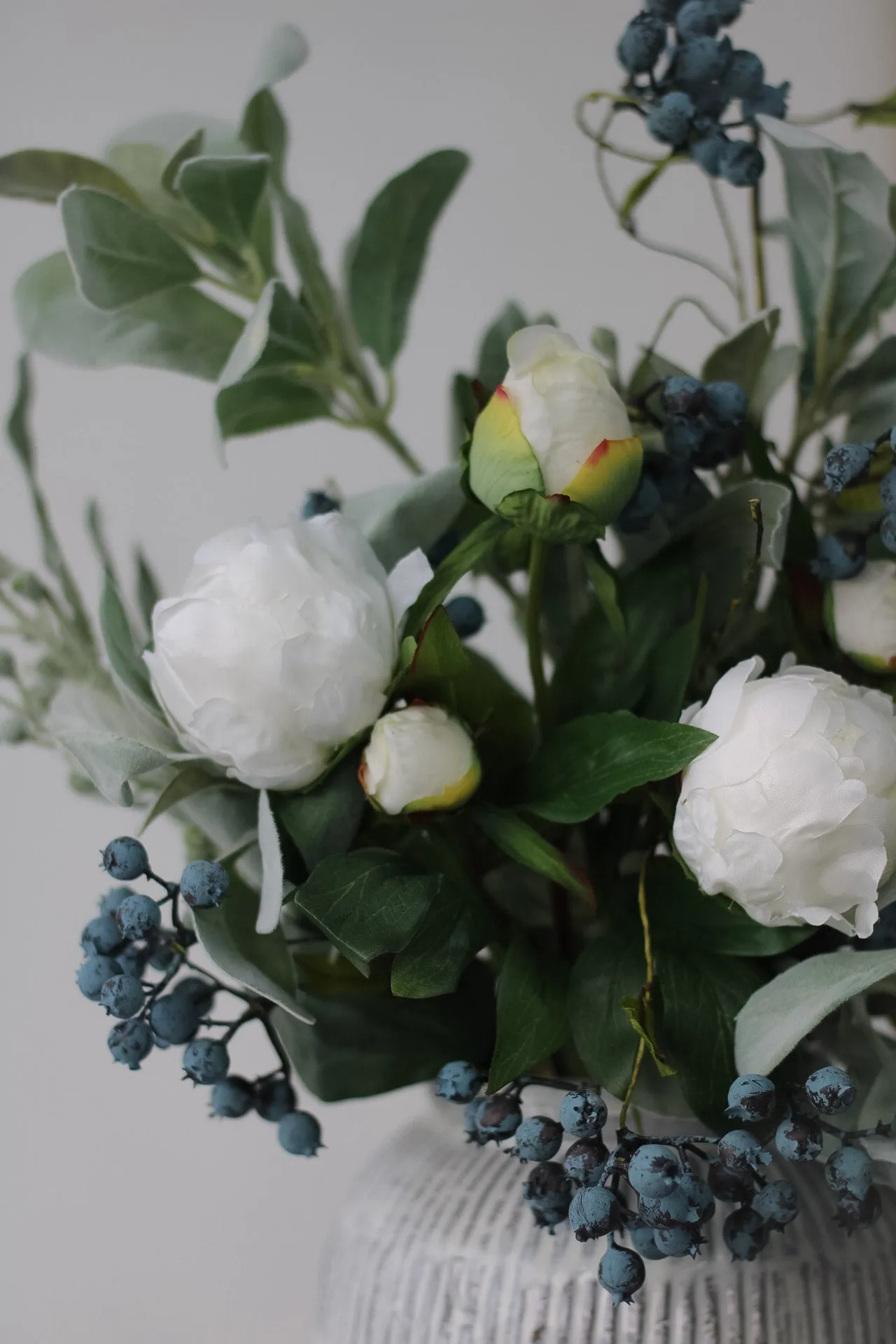 Faux Winter White Peony and Blueberry Floral Arrangement