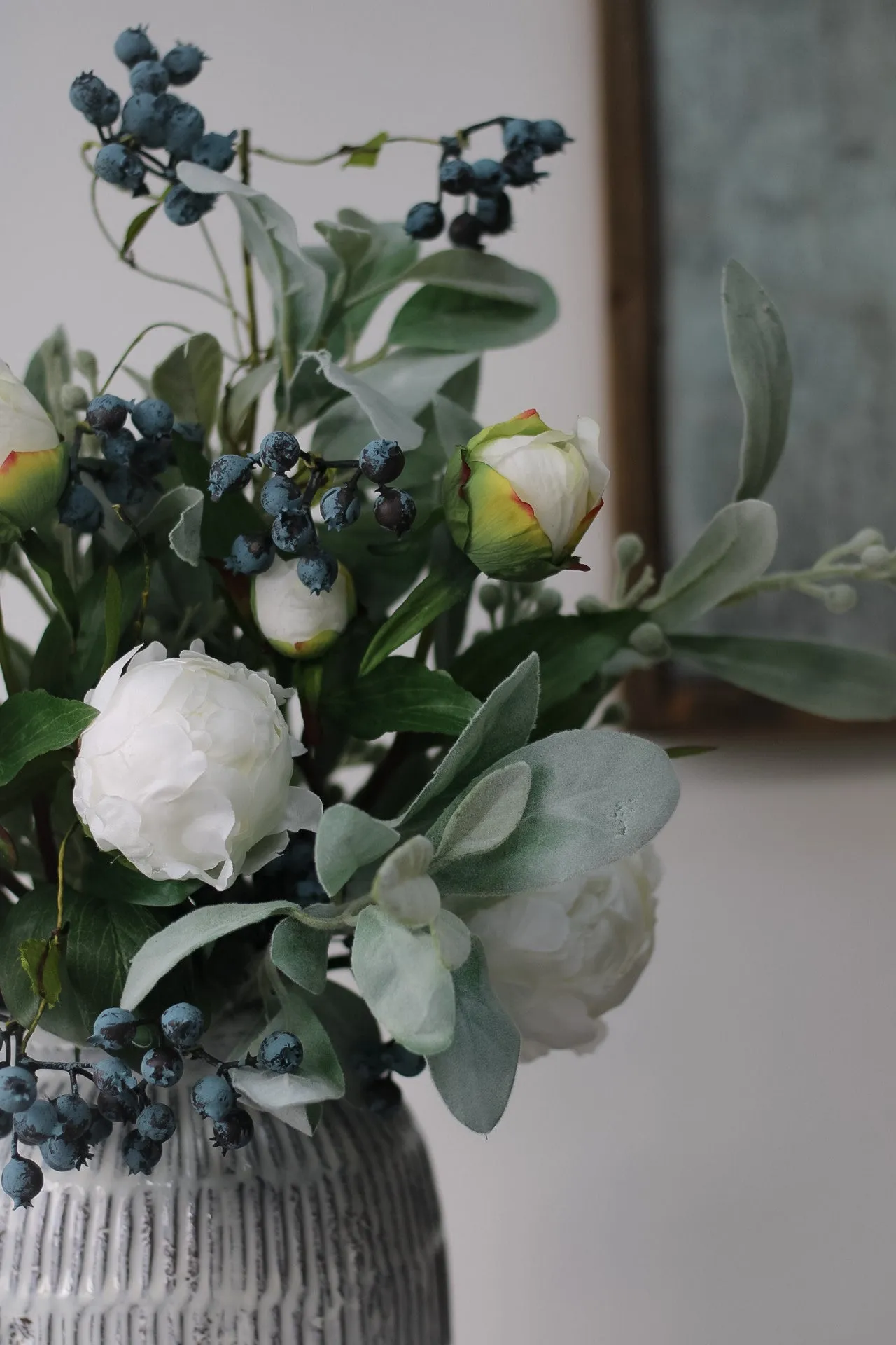 Faux Winter White Peony and Blueberry Floral Arrangement