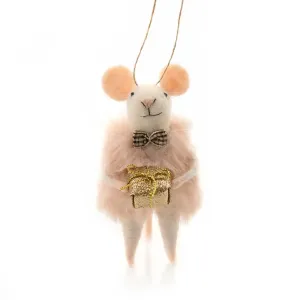 Felt Pink Mouse Holding Gift Hanging Bauble