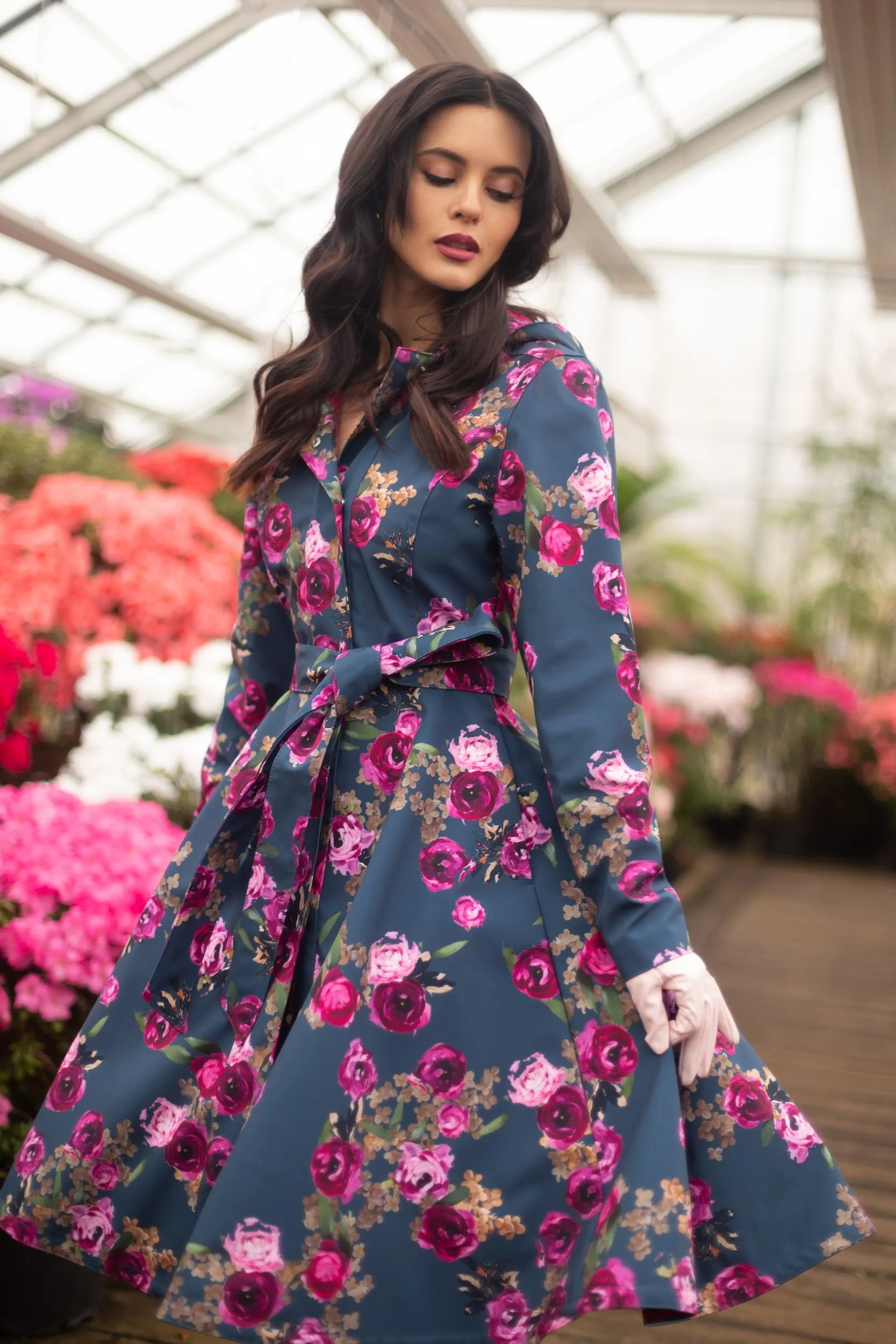 Fit and Flare Coat with Pleated Back in Blue and Pink | 'Misty Rose'