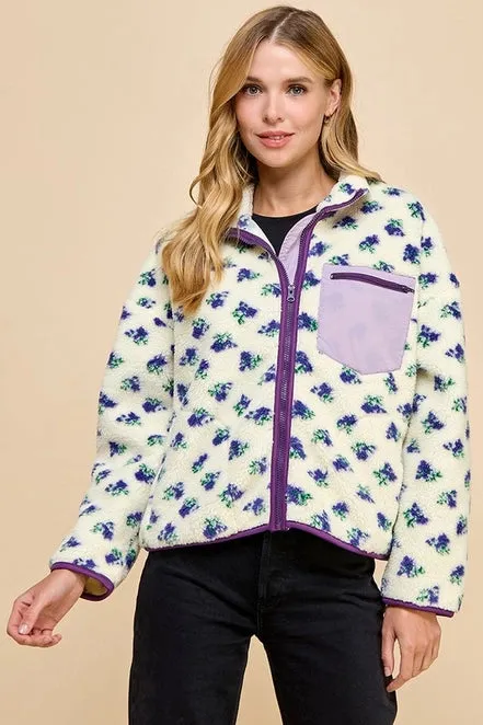 Floral Print Sherpa Jacket with Zipper