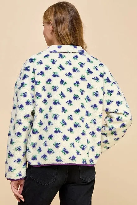 Floral Print Sherpa Jacket with Zipper