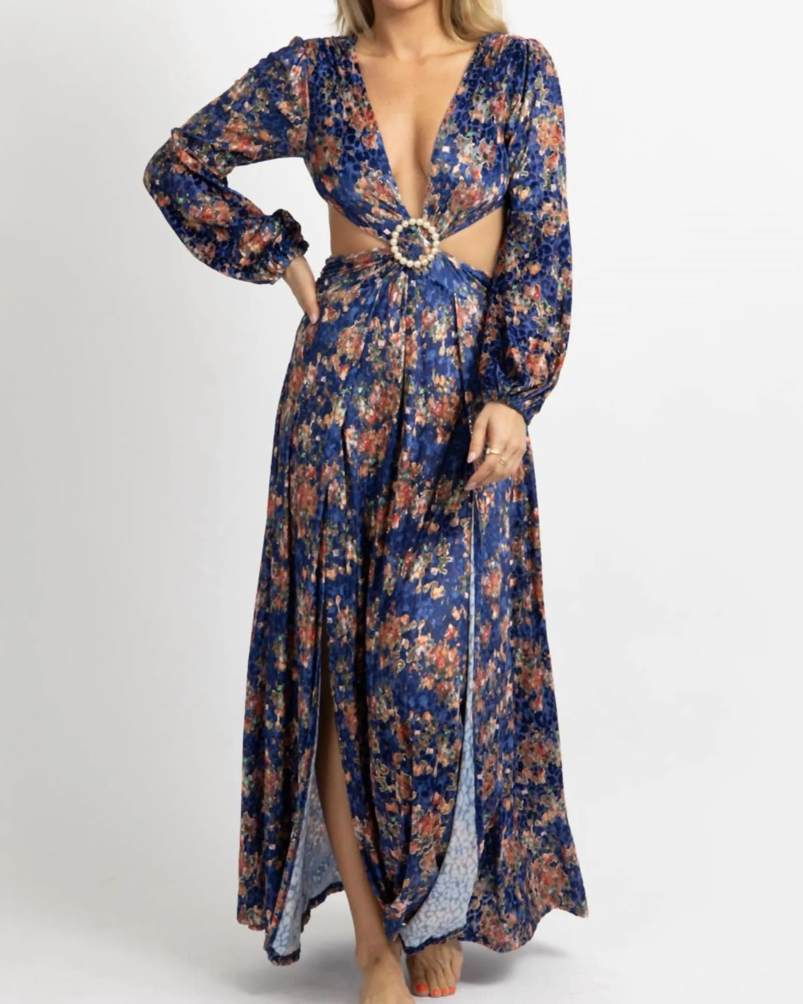 Floral Velvet Slit Maxi Dress In Royal Blue | Royal Blue