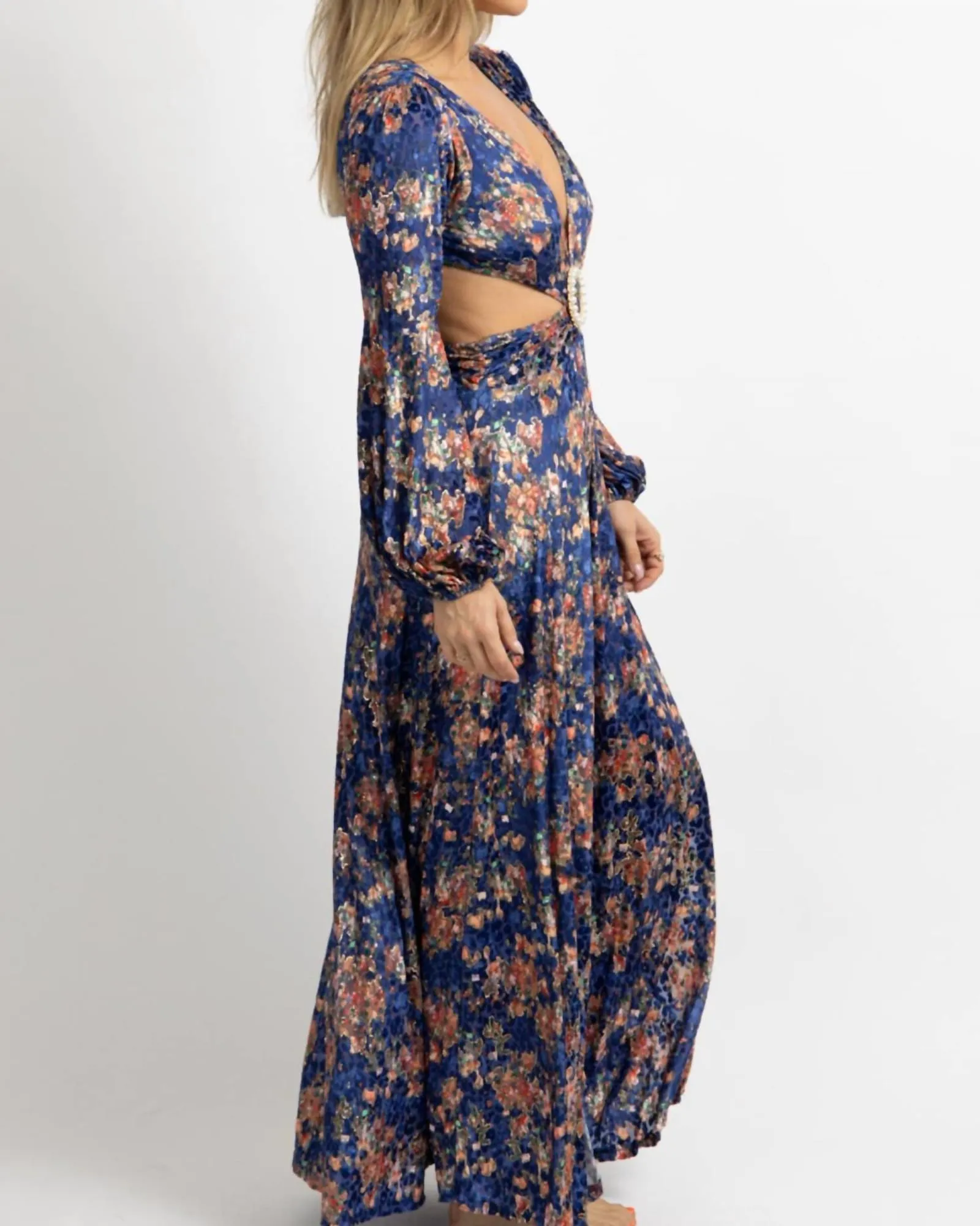 Floral Velvet Slit Maxi Dress In Royal Blue | Royal Blue