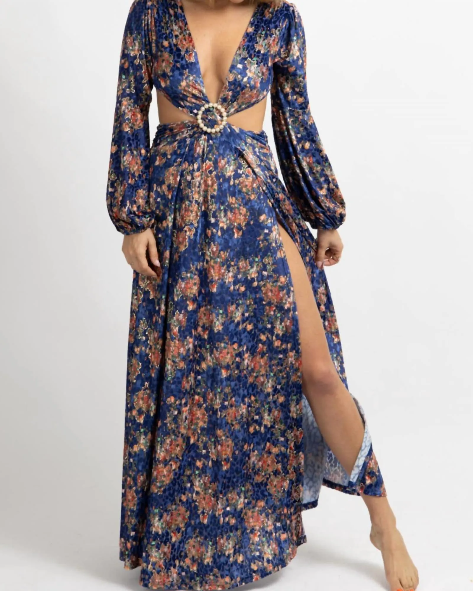 Floral Velvet Slit Maxi Dress In Royal Blue | Royal Blue