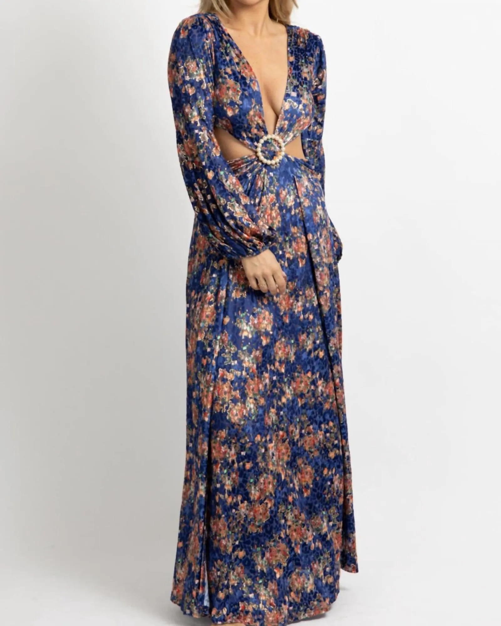 Floral Velvet Slit Maxi Dress In Royal Blue | Royal Blue