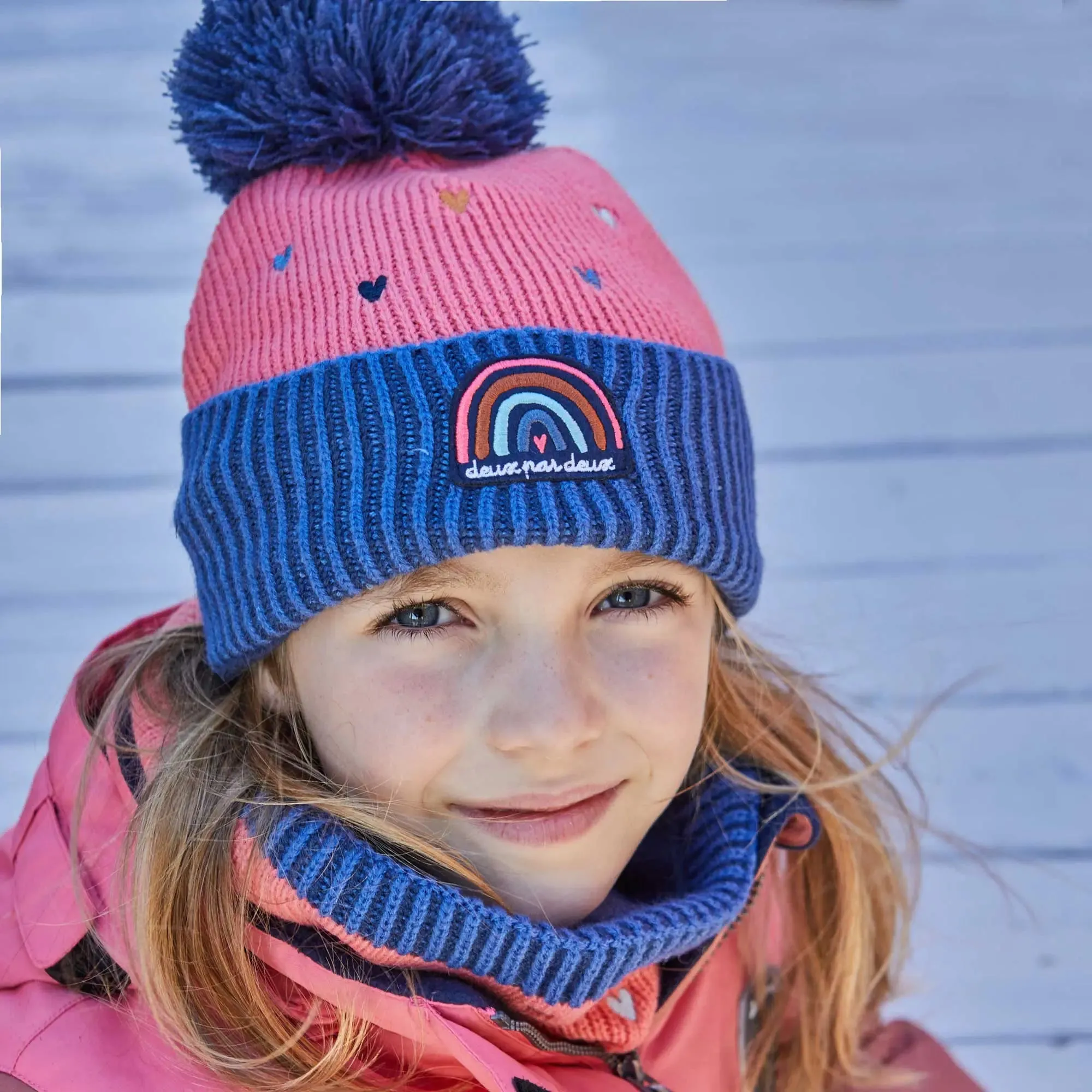 Girls's Knit Hat Coral And Blue Hearts - Tea Rose | DEUX PAR DEUX