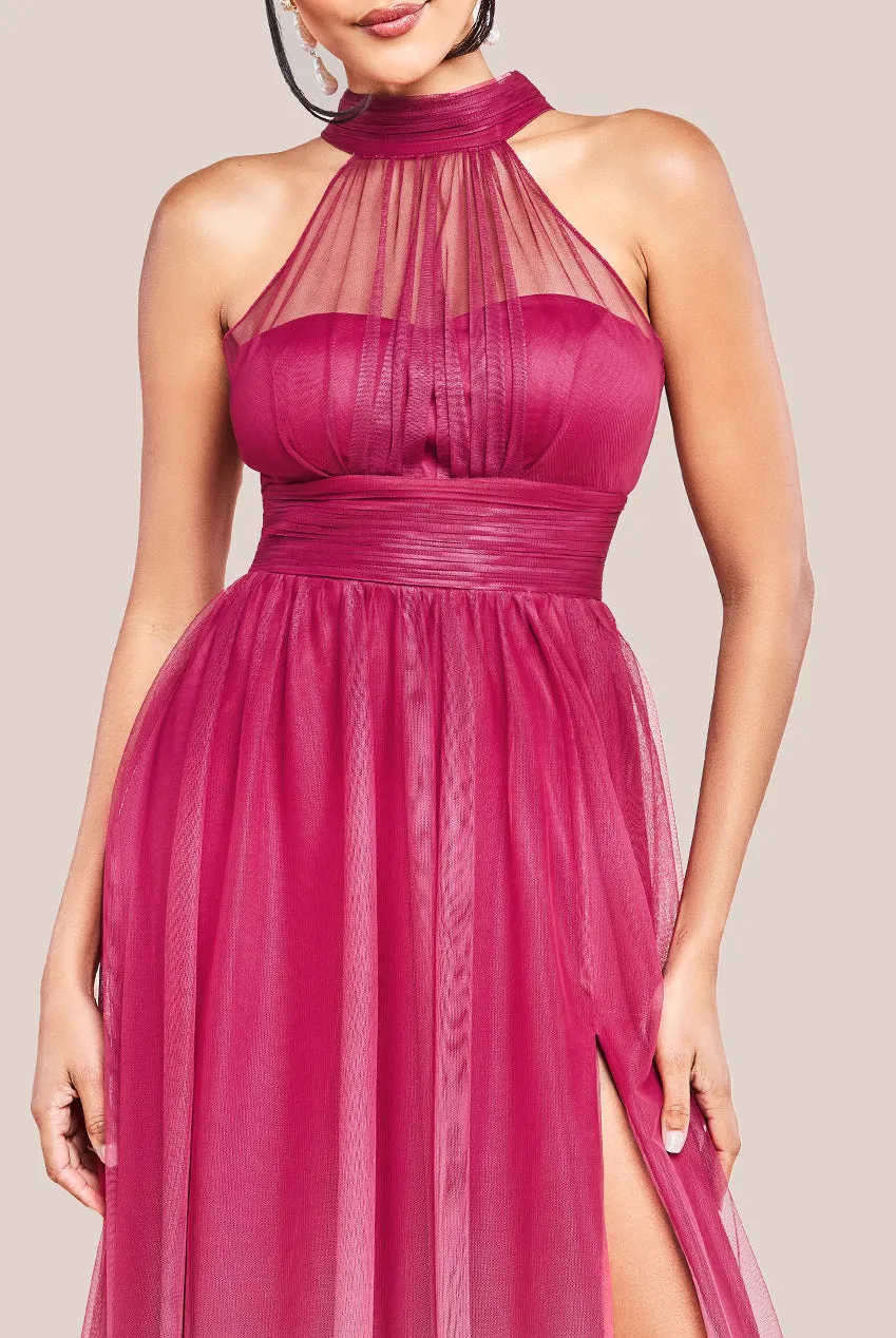 Goddiva Dobby Mesh Halter Neck Mesh Ombre Maxi Dress - Magenta Ombre