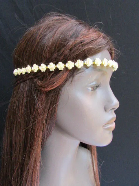 Gold Head Elastic Band Chain Cream Multi Flowers Hair Piece