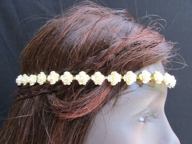 Gold Head Elastic Band Chain Cream Multi Flowers Hair Piece