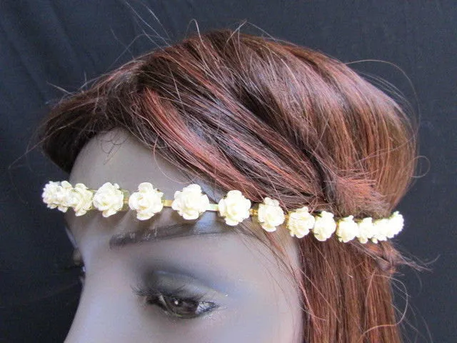 Gold Head Elastic Band Chain Cream Multi Flowers Hair Piece