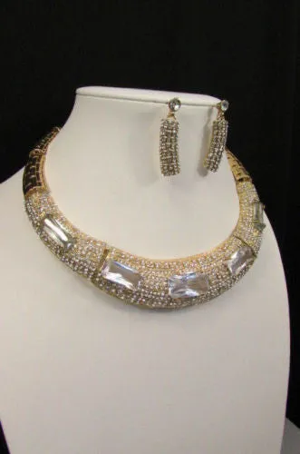 Gold Metal Short Choker Necklace Big Multi Rhinestones Earring Set