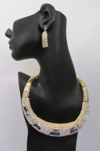 Gold Metal Short Choker Necklace Big Multi Rhinestones Earring Set