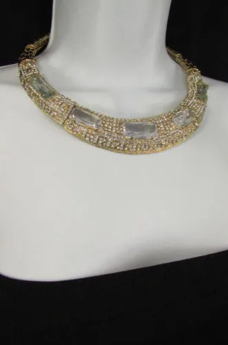 Gold Metal Short Choker Necklace Big Multi Rhinestones Earring Set