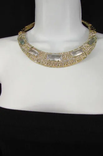 Gold Metal Short Choker Necklace Big Multi Rhinestones Earring Set