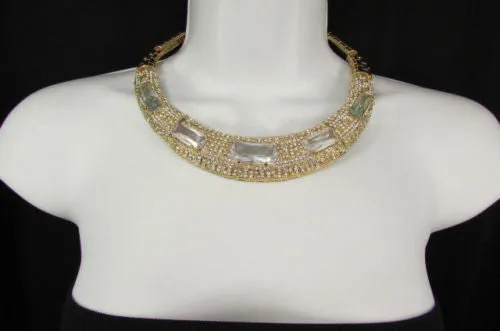 Gold Metal Short Choker Necklace Big Multi Rhinestones Earring Set