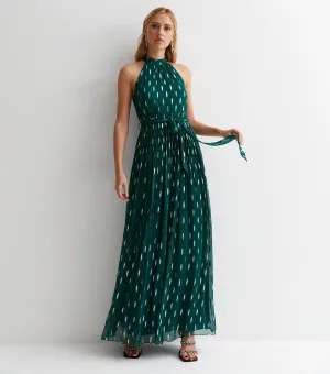 Green Jacquard Halter Neck Maxi Dress