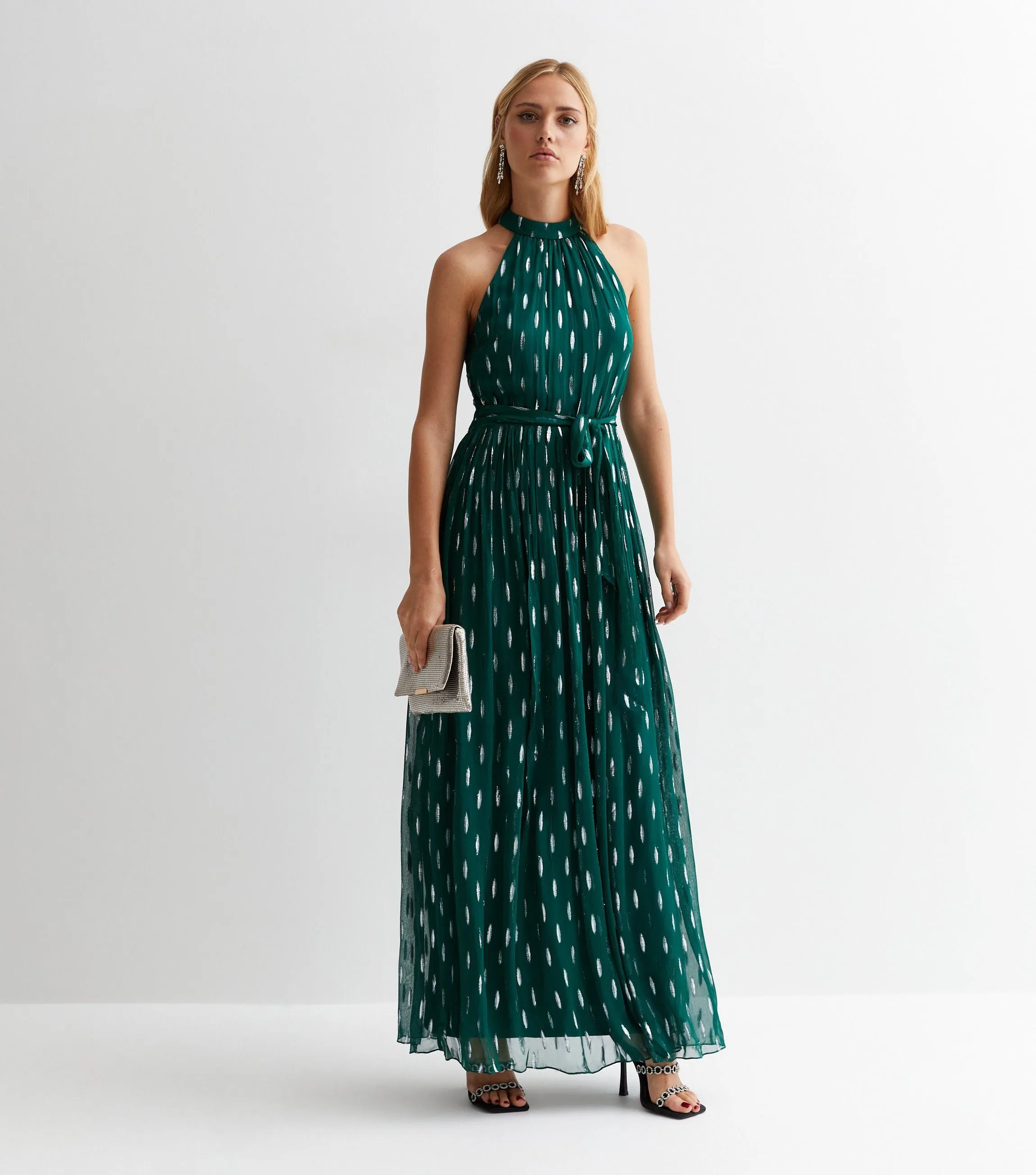 Green Jacquard Halter Neck Maxi Dress