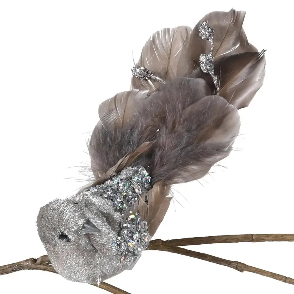 Grey Feather & Glitter Bird Clip