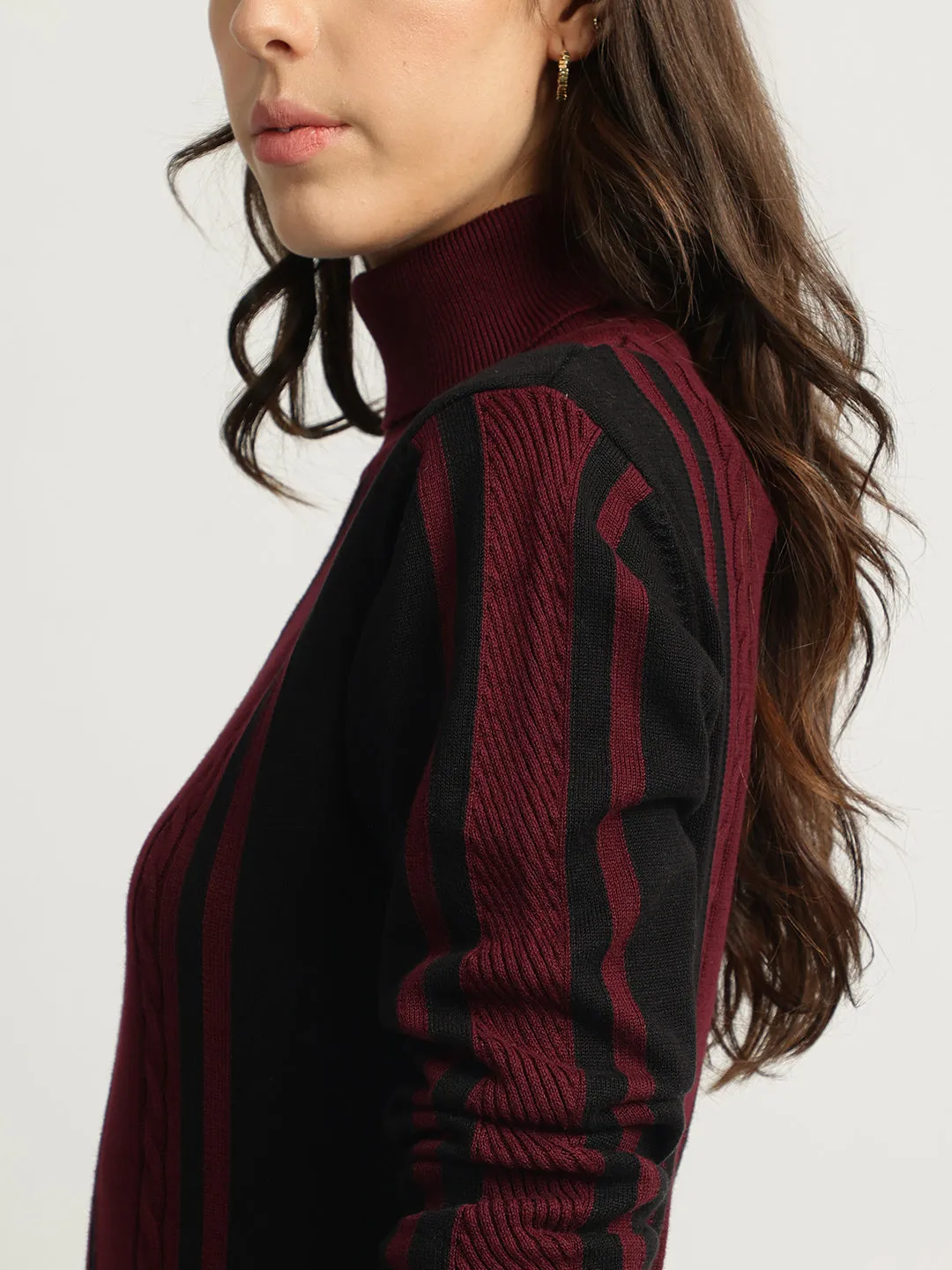 Iconic Women Red Striped Turtle Neck Full Sleeves Sweater Dress