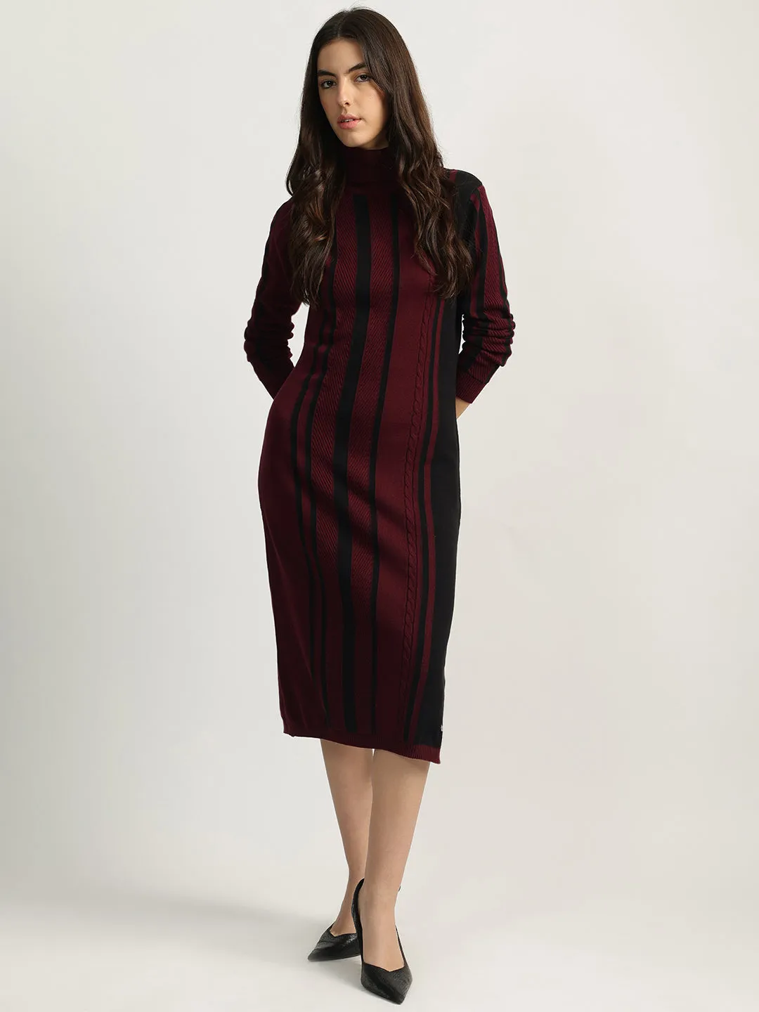 Iconic Women Red Striped Turtle Neck Full Sleeves Sweater Dress